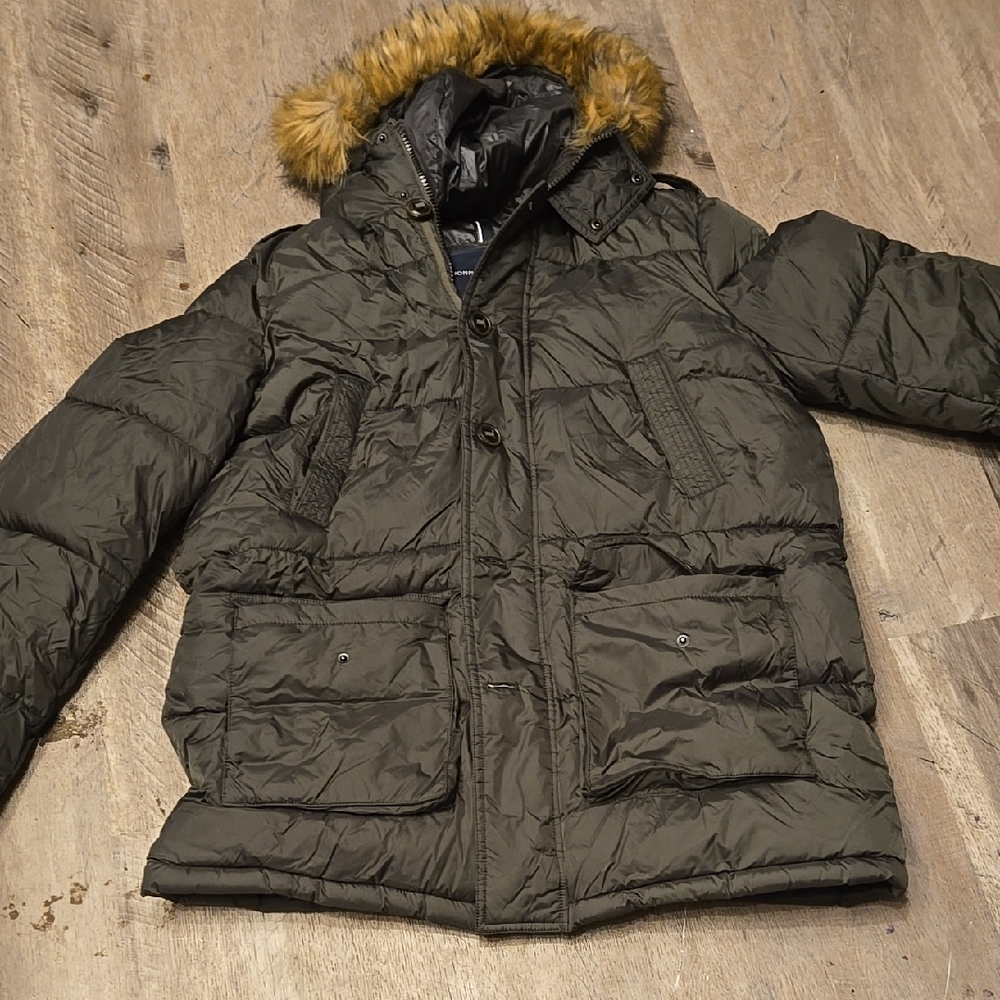 Men's Olive Green Puffer Jacket with Faux Fur Hood